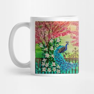 The majestic beauty of a peacock takes center stage as it sits gracefully upon a weathered metal fence Mug